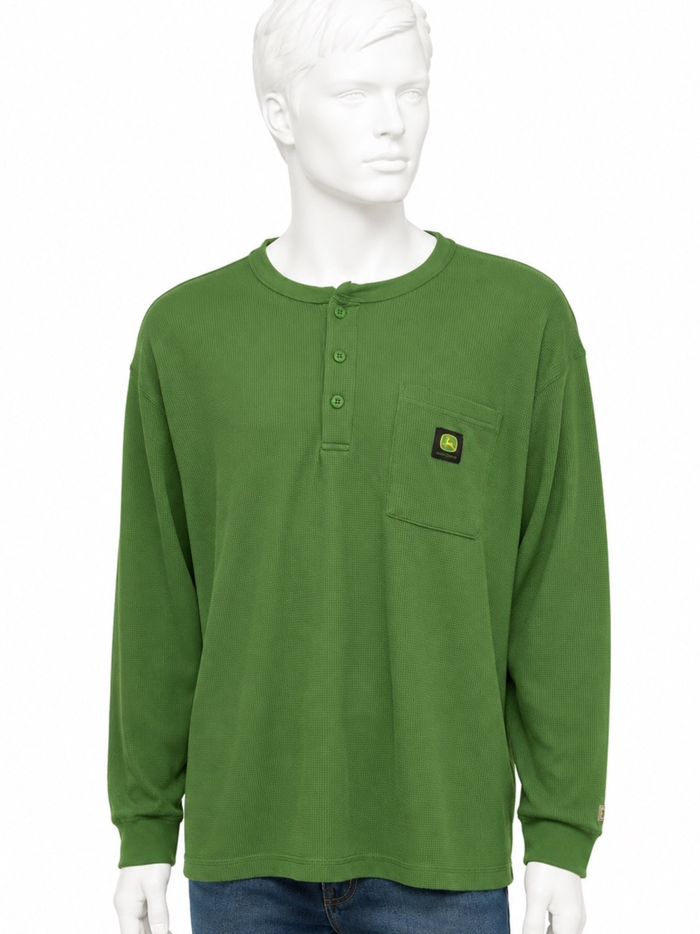 John Deere Green Long-Sleeve Henley with Chest Pocket